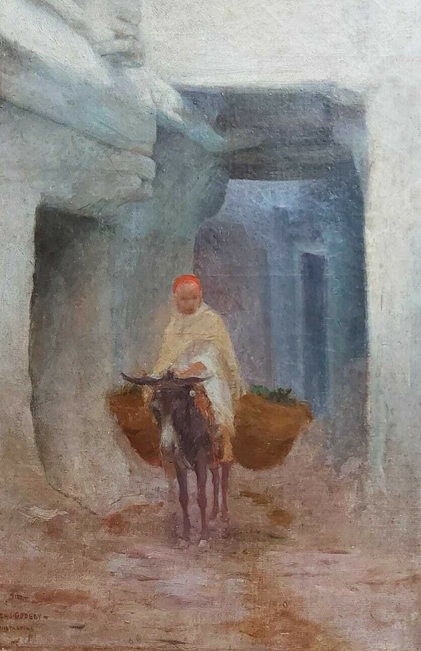Antique Painting Original Oil Orientalist Signed Charles GODEBY Man, Donkey image 1
