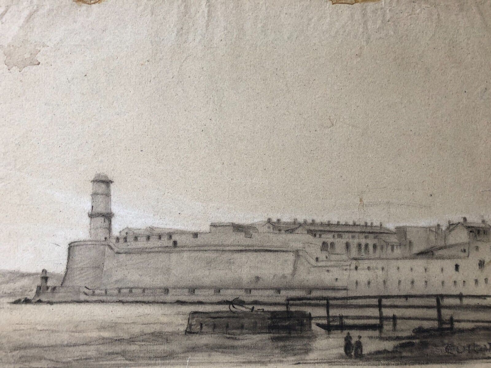 Antique Chacoral Drawing Original Maritime Port Landscape signed 19th century image 3