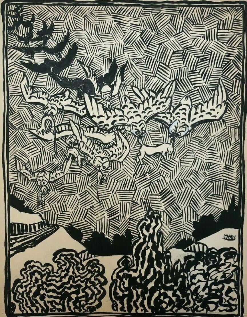 Vintage Ink Drawing Illustration of Owls Hunting Rabbits
