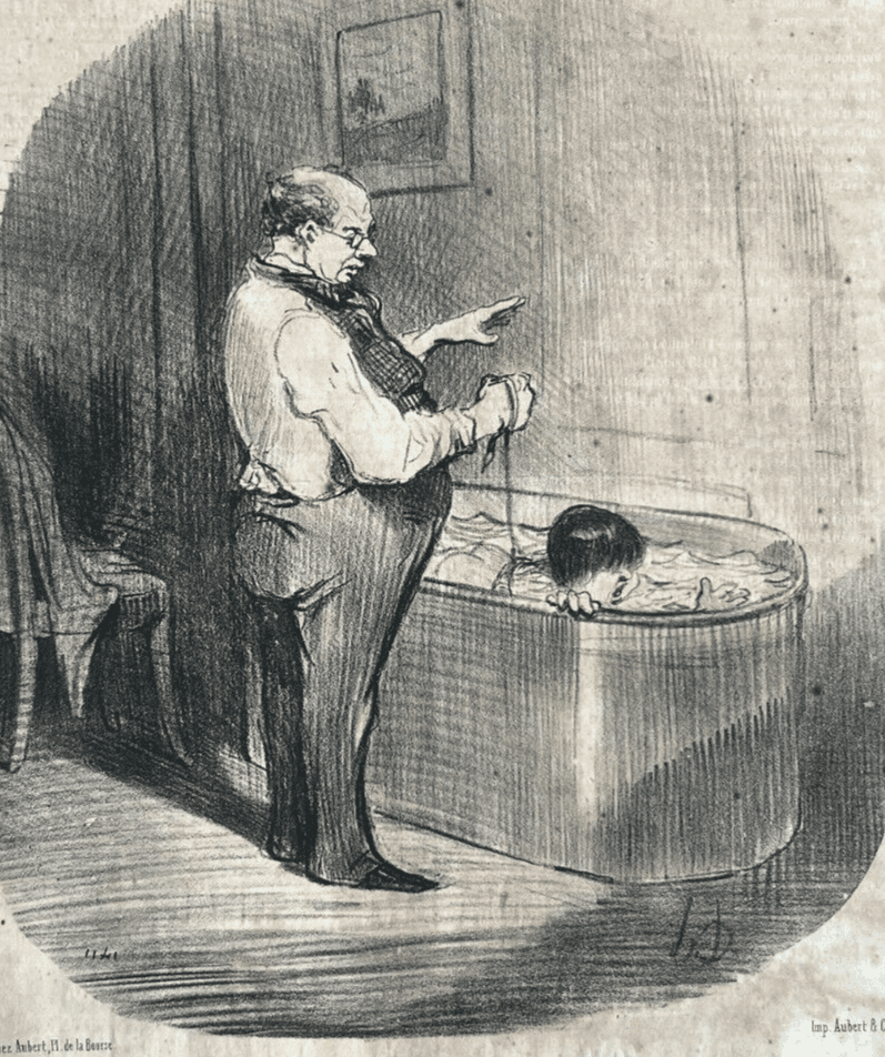 Antique Print 19th century Daumier, Les Papas, Lecon de Natation