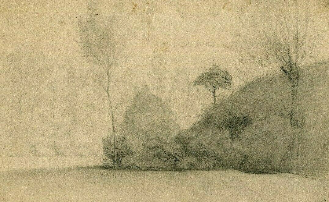 Antique Pencil Drawing Landscape, Forest and Field