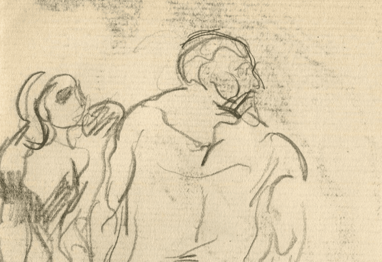 Antique Pencil Original Drawing after Michel Ange, Sketch, People image 2