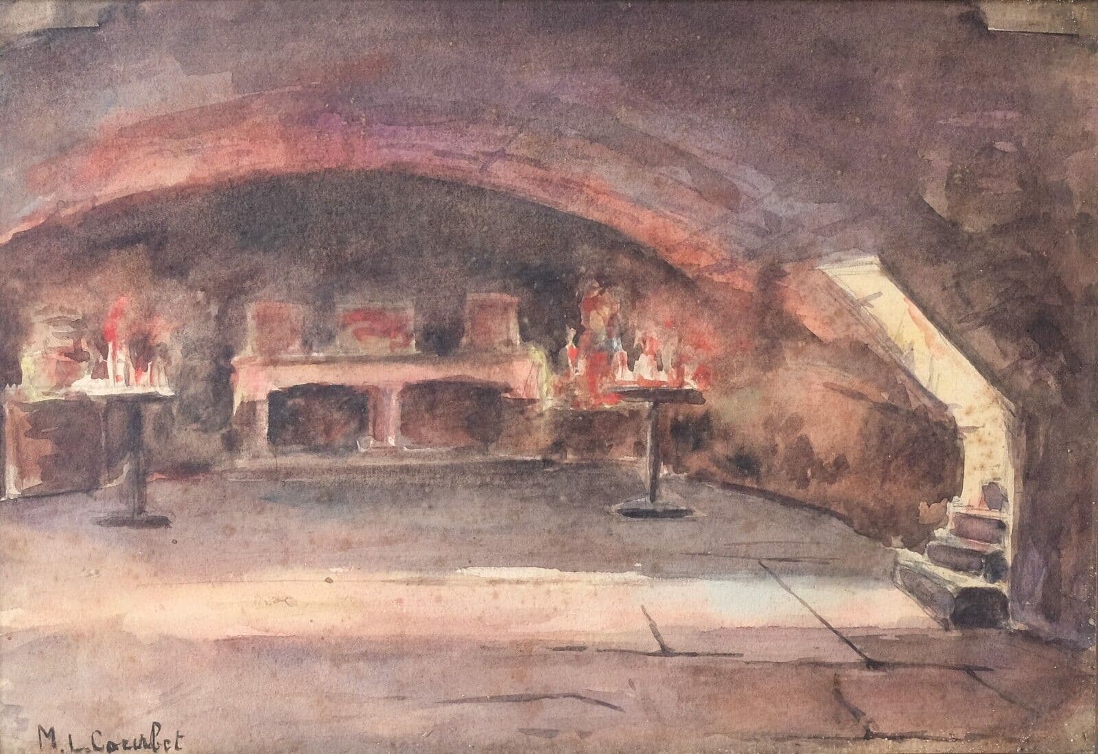 Antique Original Painting signed By the Fire, Underground Landscape