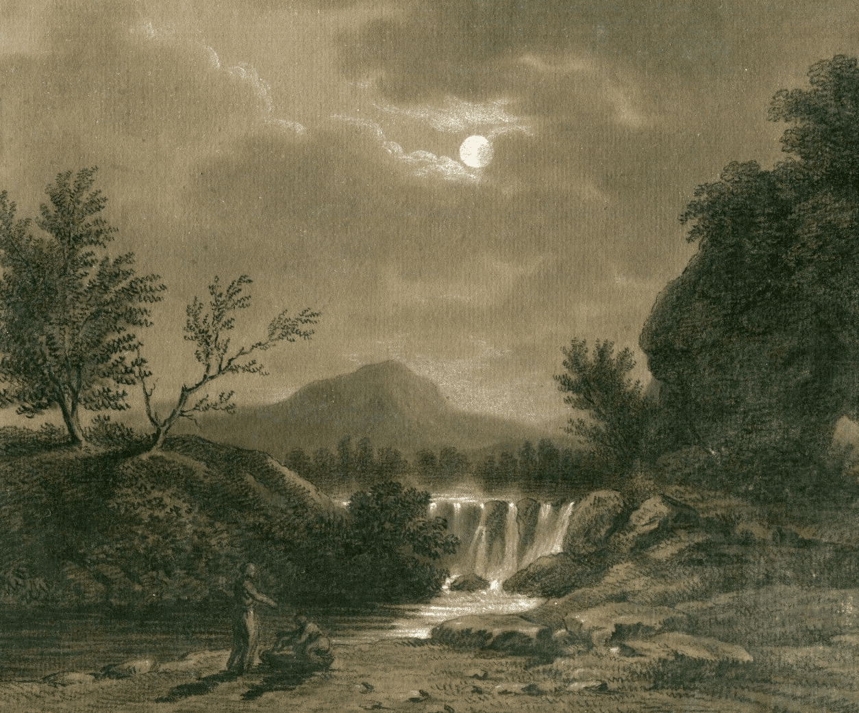 Antique Drawing 19th century Landscape by Night with Figures