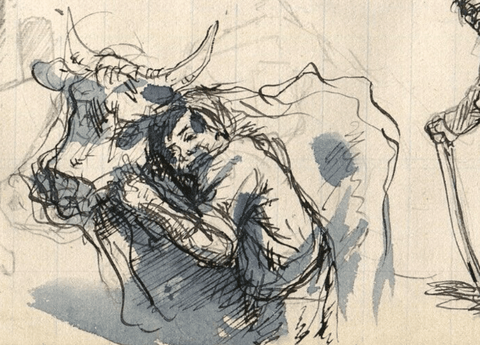 Vintage Ink Original Drawing People, Cow, Genre Scene Artwork image 5