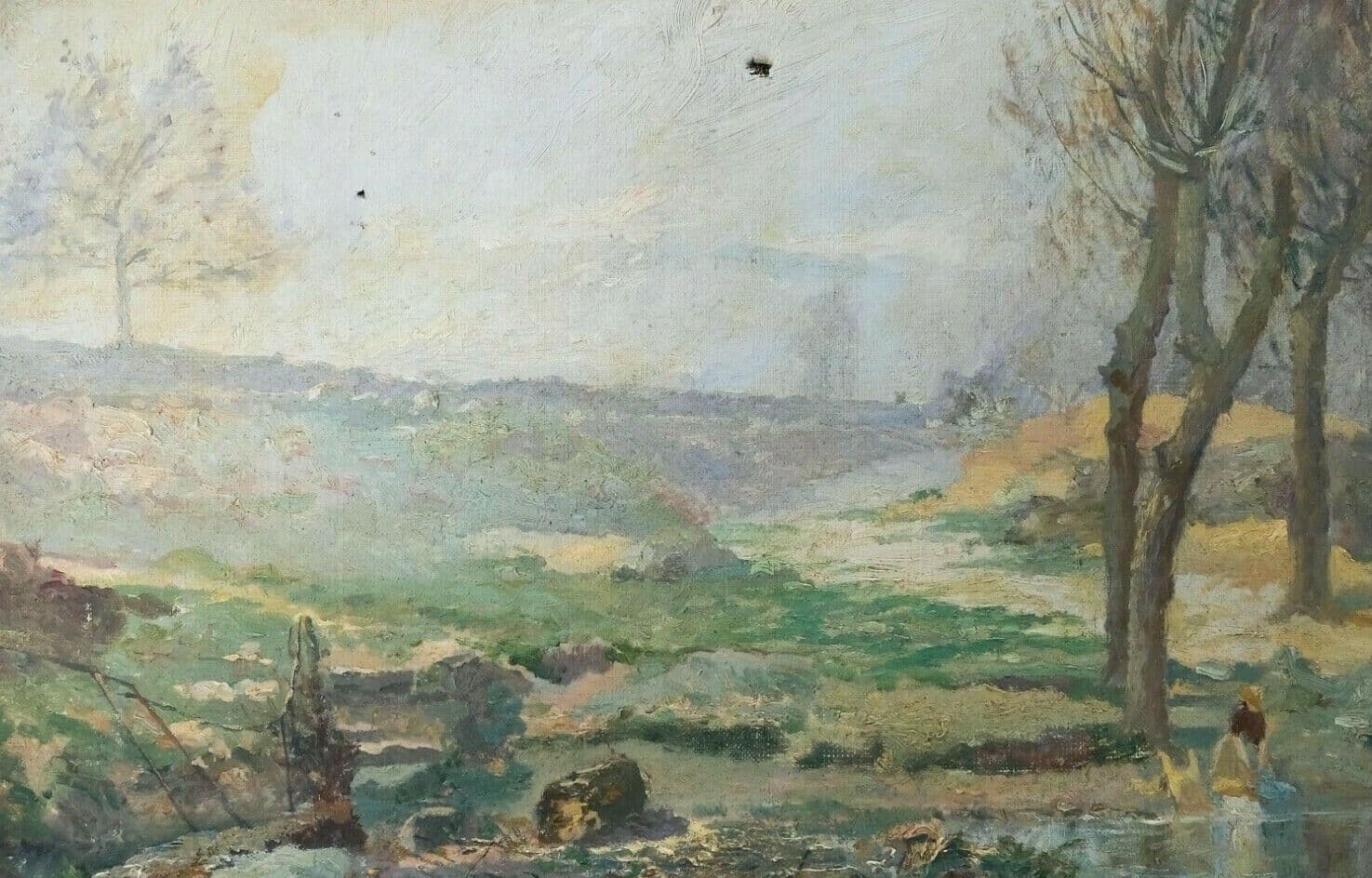 Antique Painting Oil Original 19th Landscape Woman Cleaning Laundry signed