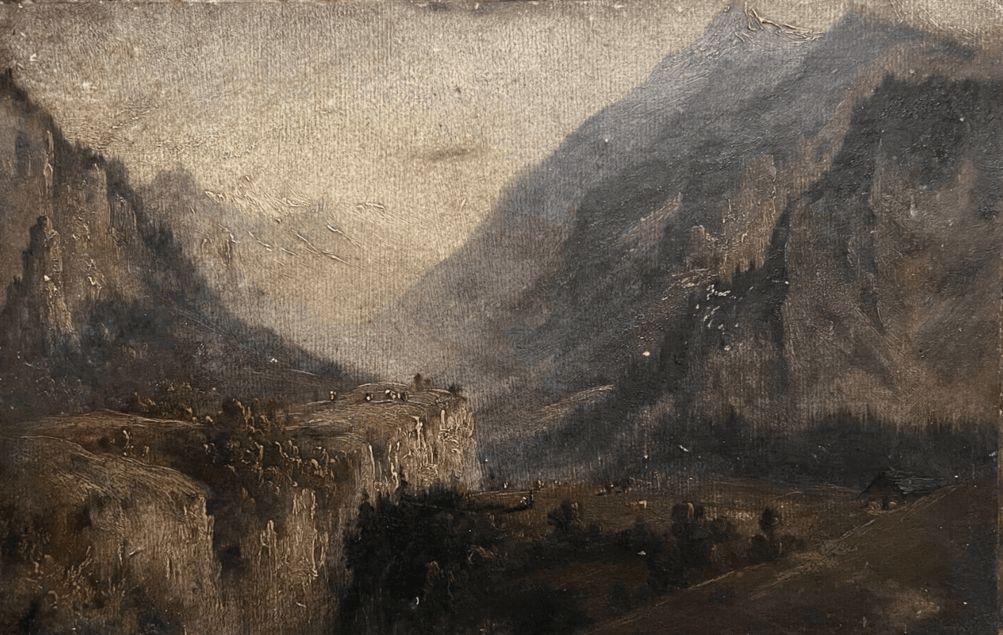 Antique Original Painting Landscape, Mountain, People, Alps 19th century