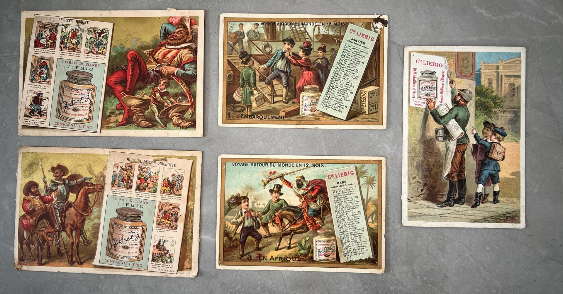 Set of 5 Antique Liebig Trade Cards - Don Quixote, Travel, and Advertising