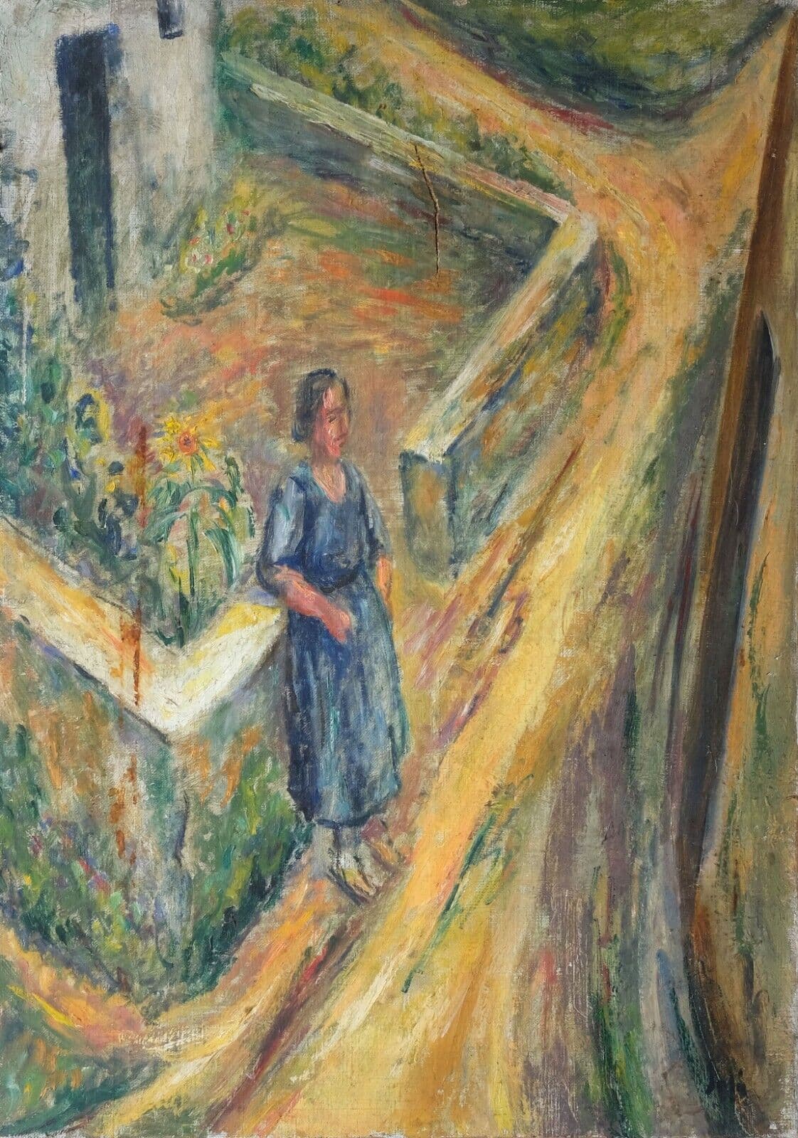 Antique Painting Woman Portrait Sunflower in Landscape, Modern Oil On Canvas