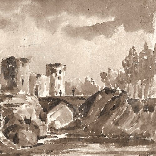Antique Ink Drawing 19th century Landscape, People, Bridge, Tree, Cityscape image 3