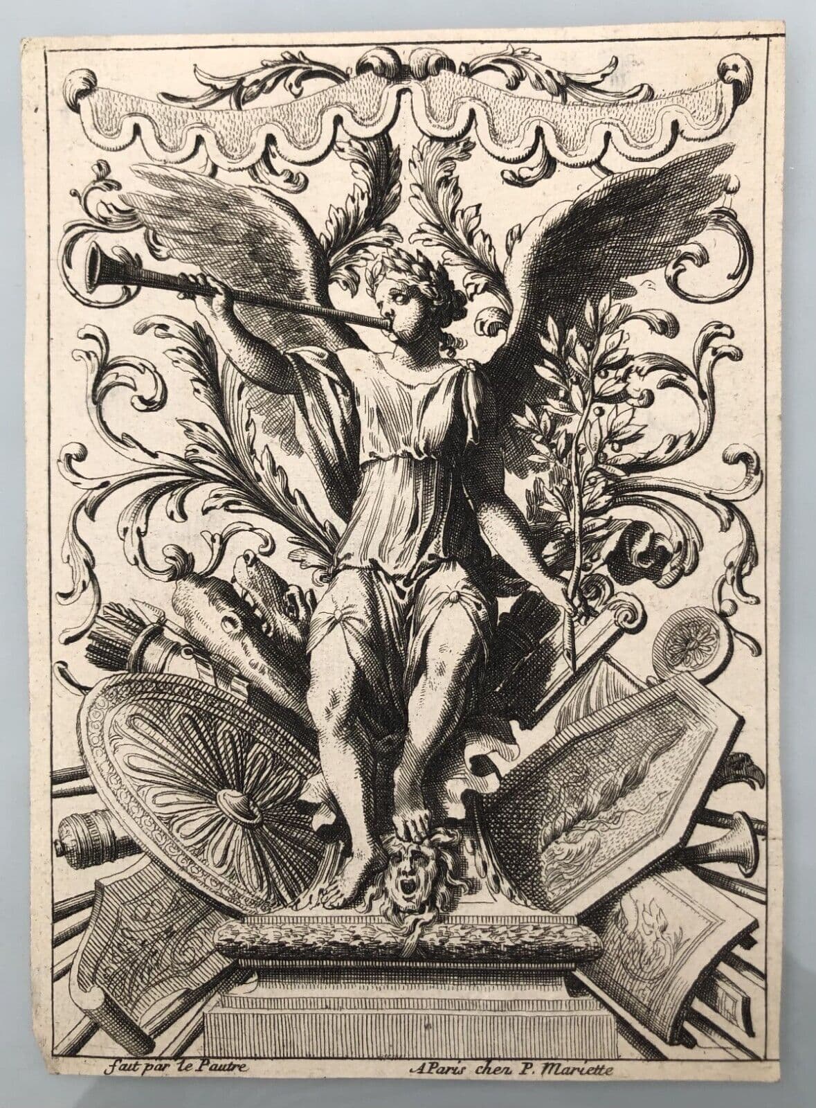 Antique Original Etching Jean Le Pautre (1618–1682) Angel, Trumpet, Ornament image 7