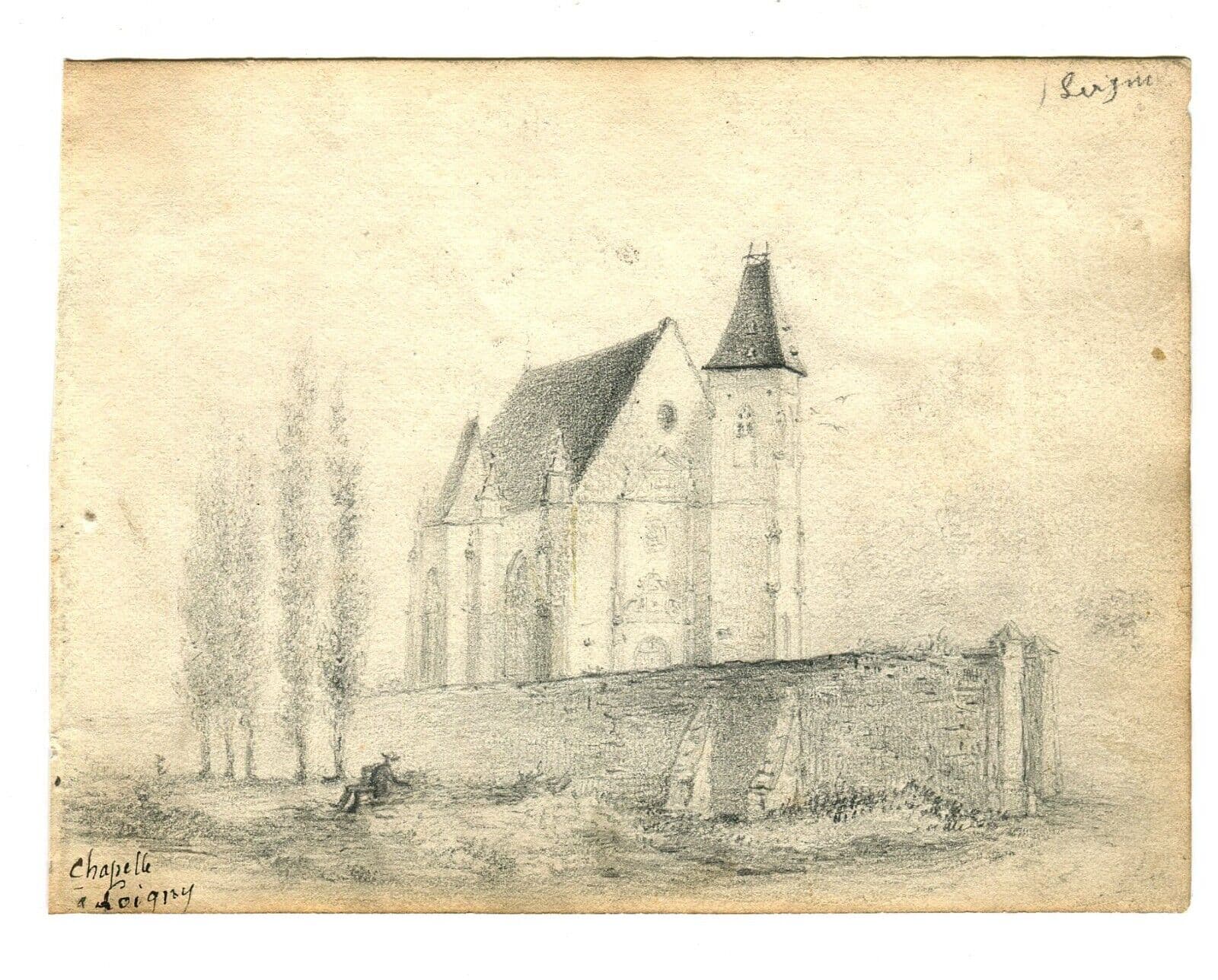 Antique Pencil Original Drawing 19th century Loigny Landscape, Church, People image 6