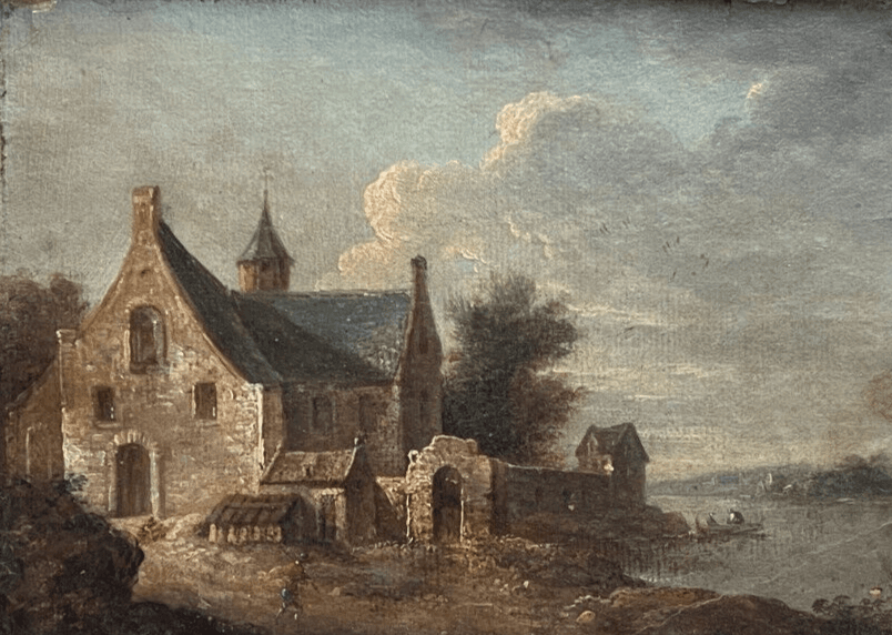 Antique Painting Original Landscape, River, House, People, Trees 18th century image 1