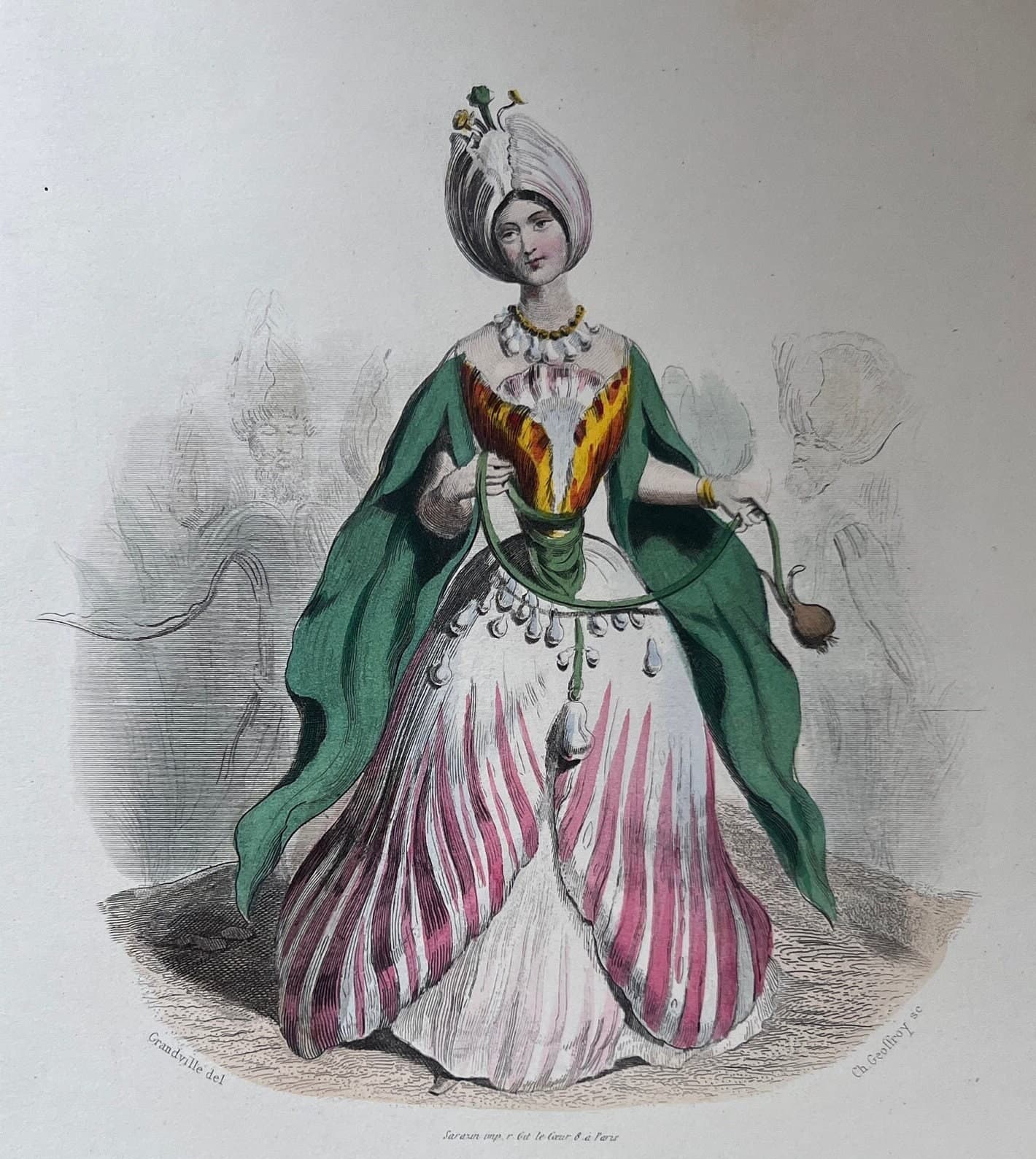 Antique Fashion Engraving - "Tulipe" Exotic Costume Print - 19th Century French