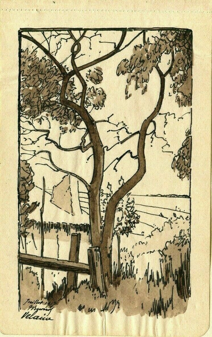 Drawing Signed Landscape, Tree, Lorraine 1917