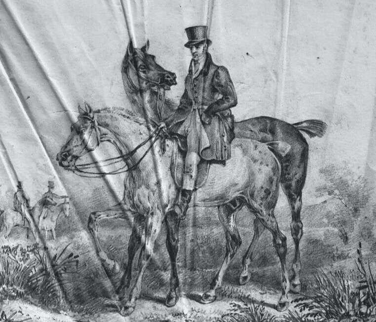 Antique Pencil Drawing Rider, Horses, Polytechnique School 1830