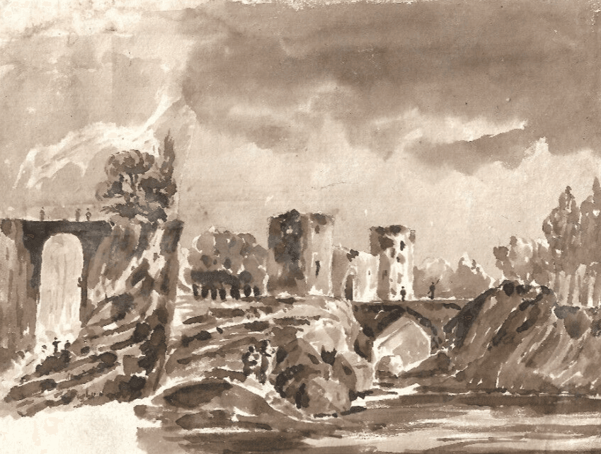 Antique Ink Drawing 19th century Landscape, People, Bridge, Tree, Cityscape