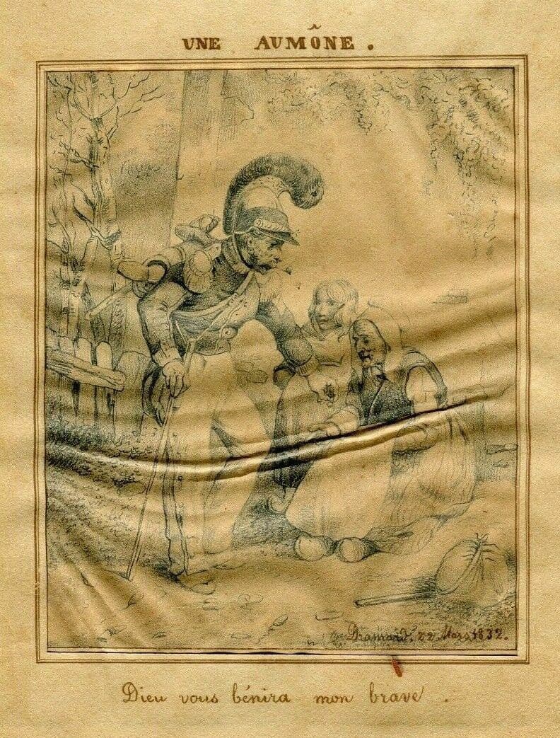 Antique Pencil Drawing 19th century Figures, Alms, Military 1832