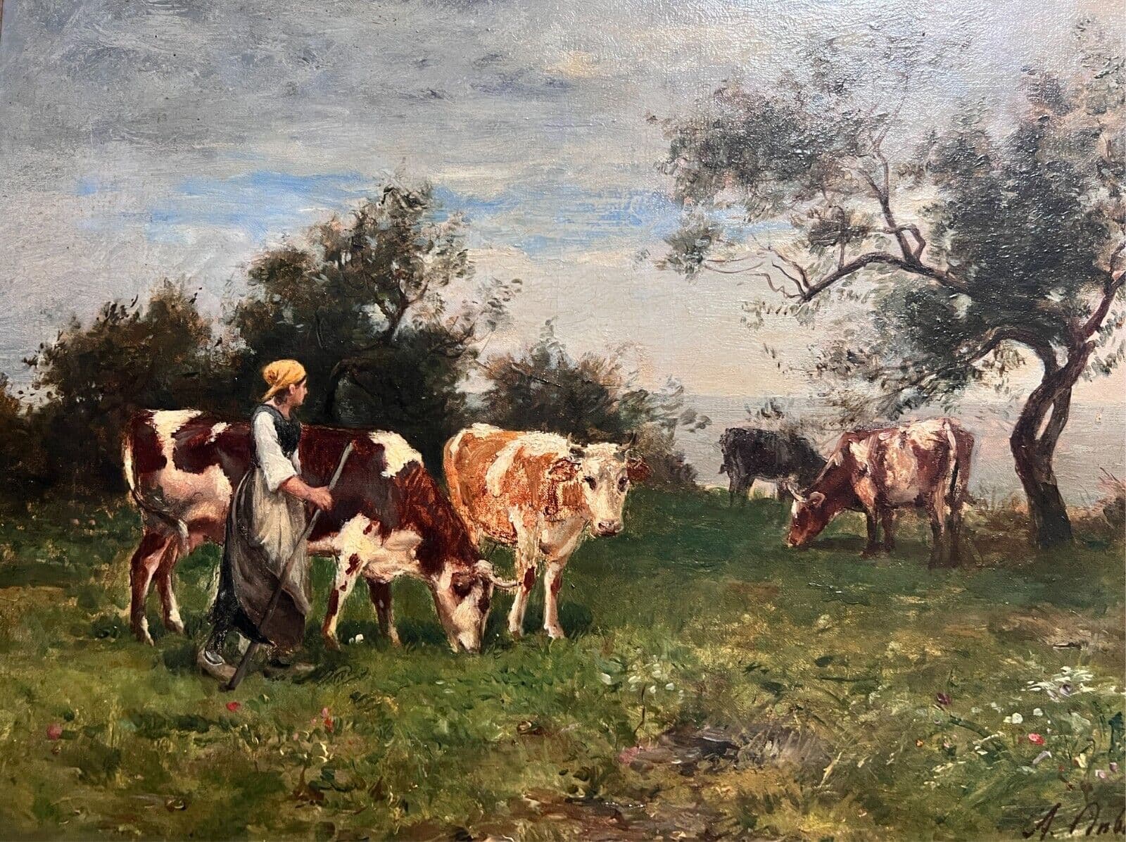Antique Original Painting 19th century, Cows, Landscape, Farmer, Trees image 1