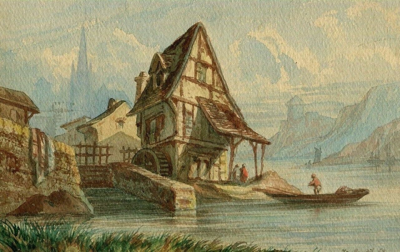 Drawing Mill Landscape, Mountain, Swiss 1868