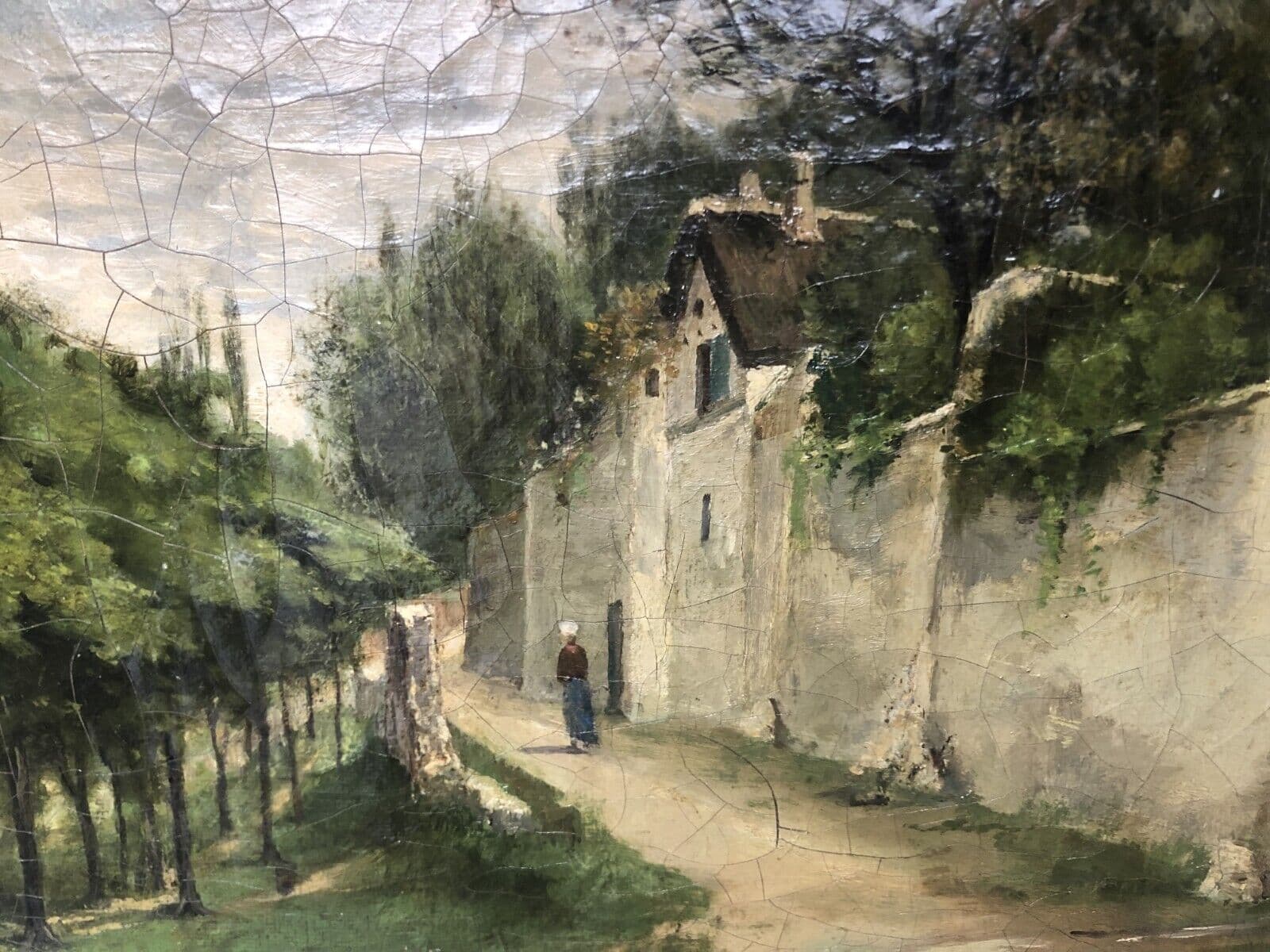Antique Original Painting Cityscape Woman Village, Trees signed 19th century
