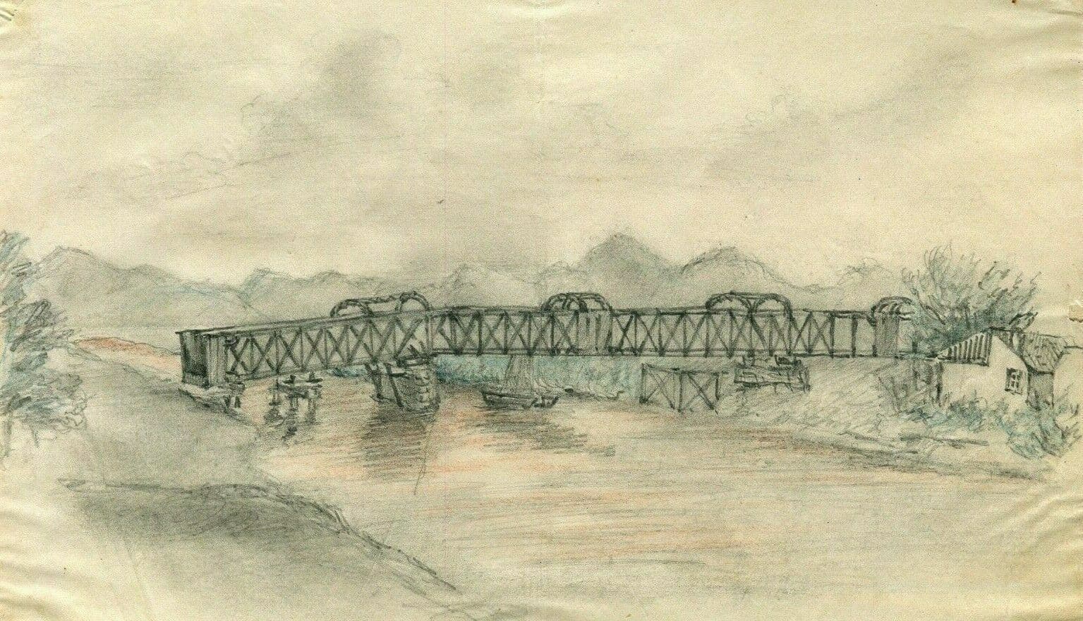 Vintage Pencil Drawing Landscape, Bridge of Soummam, Bougie 1871