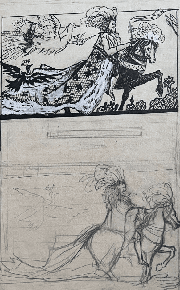 Antique Drawing Original Man, Horse, Woman, Illustration, Sketch Persian Tales image 1