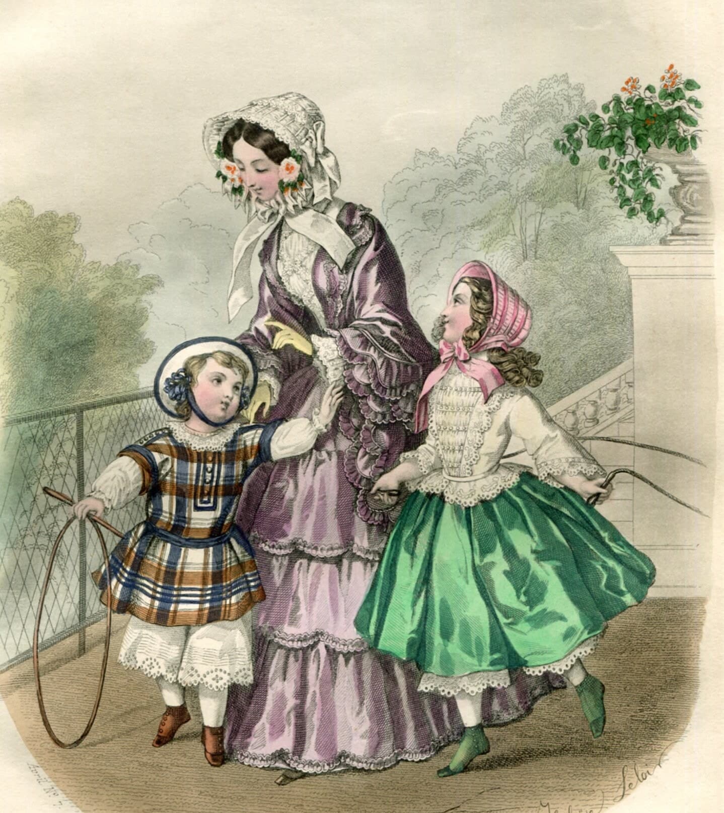 Antique Lithography 1860s Women & Children Fashion Print - Vintage Victorian Art image 1