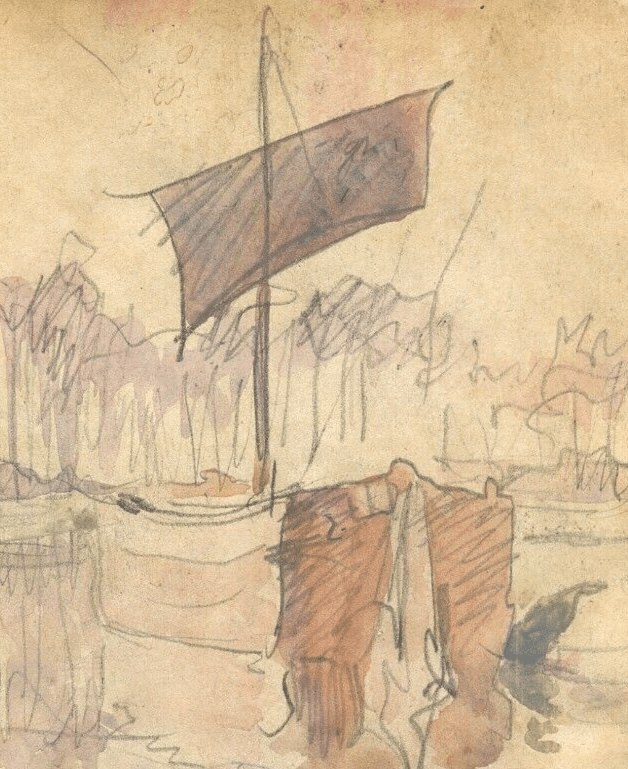 Antique Drawing Original Signed Marine, Landscape, Boats, Port, Village 1923 image 2