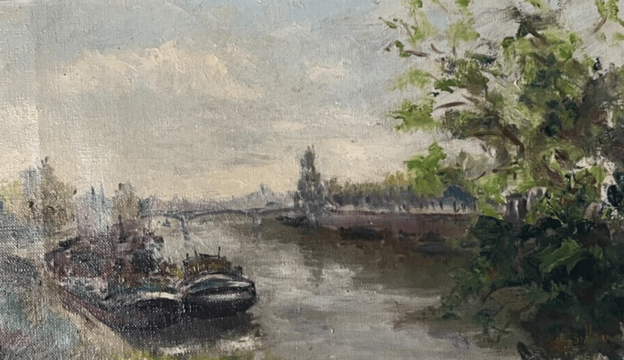 Antique Painting Original Landscape, Cityview, Boats, Bridge, River, Trees