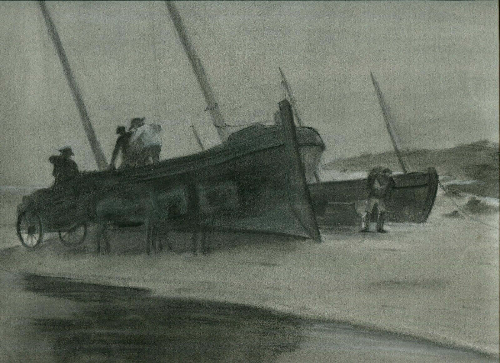 Drawing Maritime Landscape Boats, Sea signed image 2