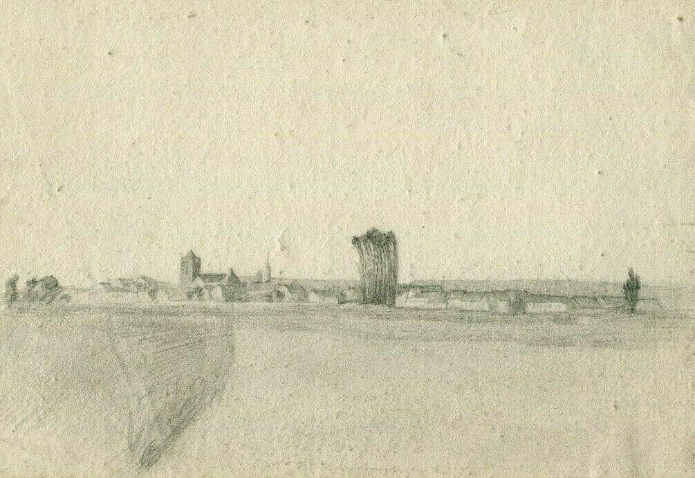 Antique Pencil Original Drawing 19th century Landscape, Forest