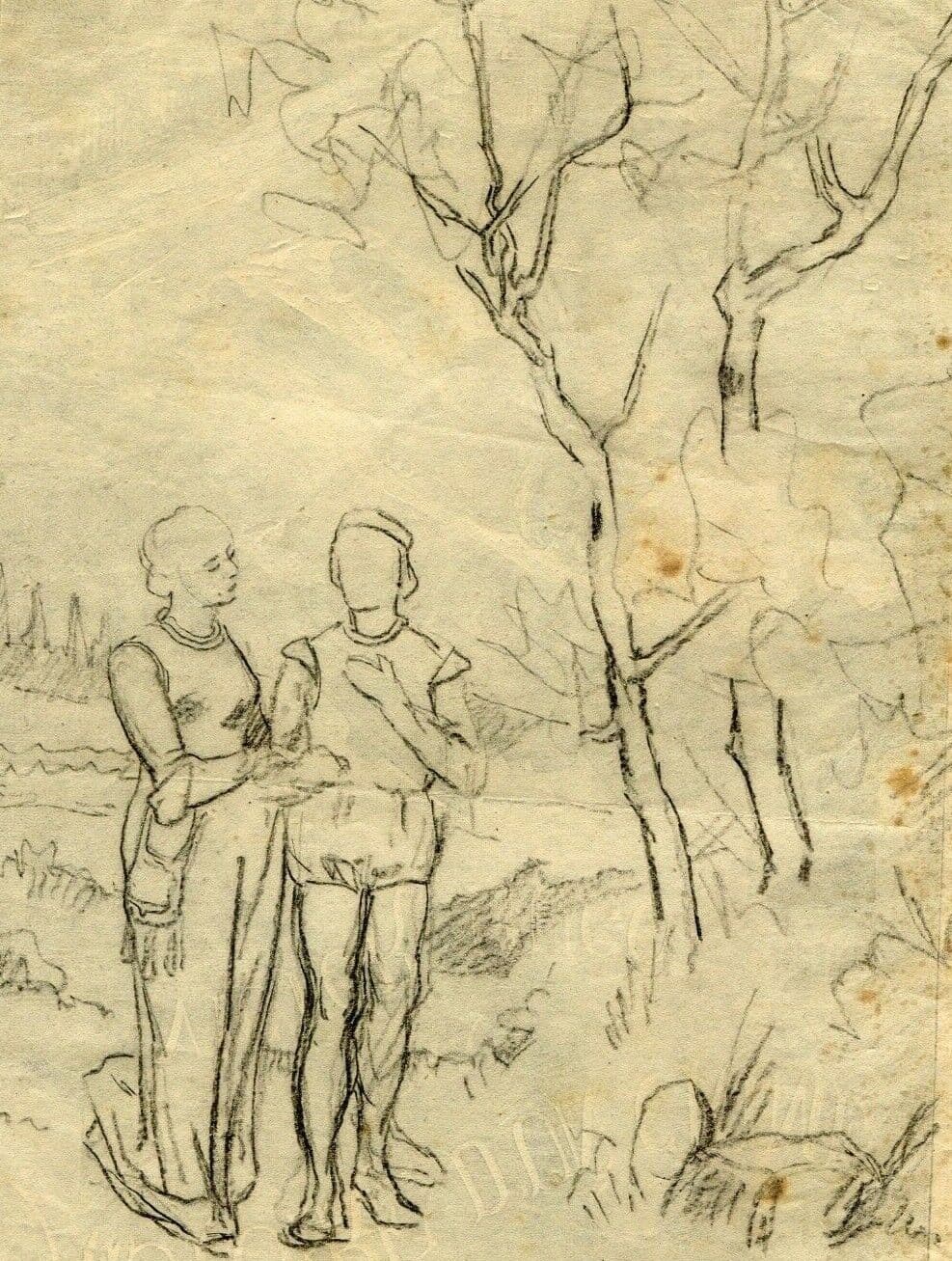 Antique Pencil Drawing Vintage Pre Raphaelite Figures, Dikeos Collection