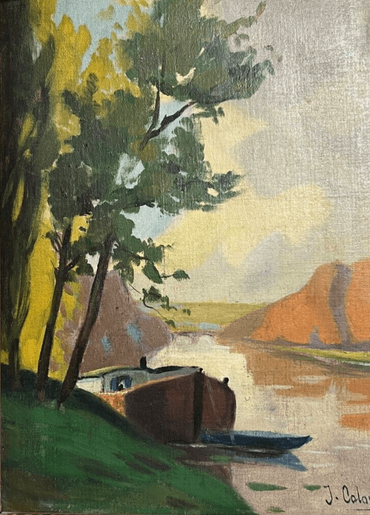 Vintage Oil Painting Maritime Landscape, Seaview, Boat, Tree signed