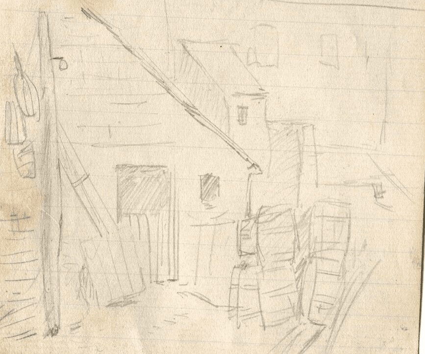 Antique Pencil Drawing Original House, Interior, Scene of life