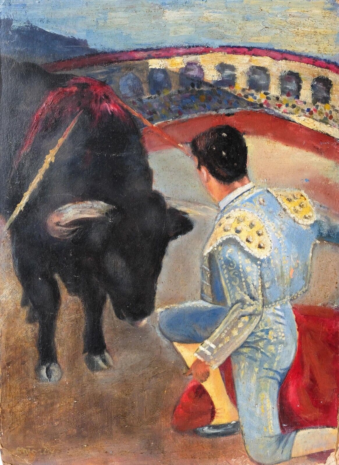 Modern Oil Painting Signed Torrero Man Portrait Corrida