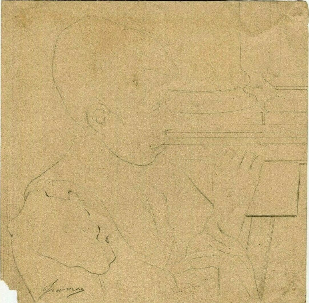 Antique Pencil Original Drawing 19th century Portrait Young Boy image 1