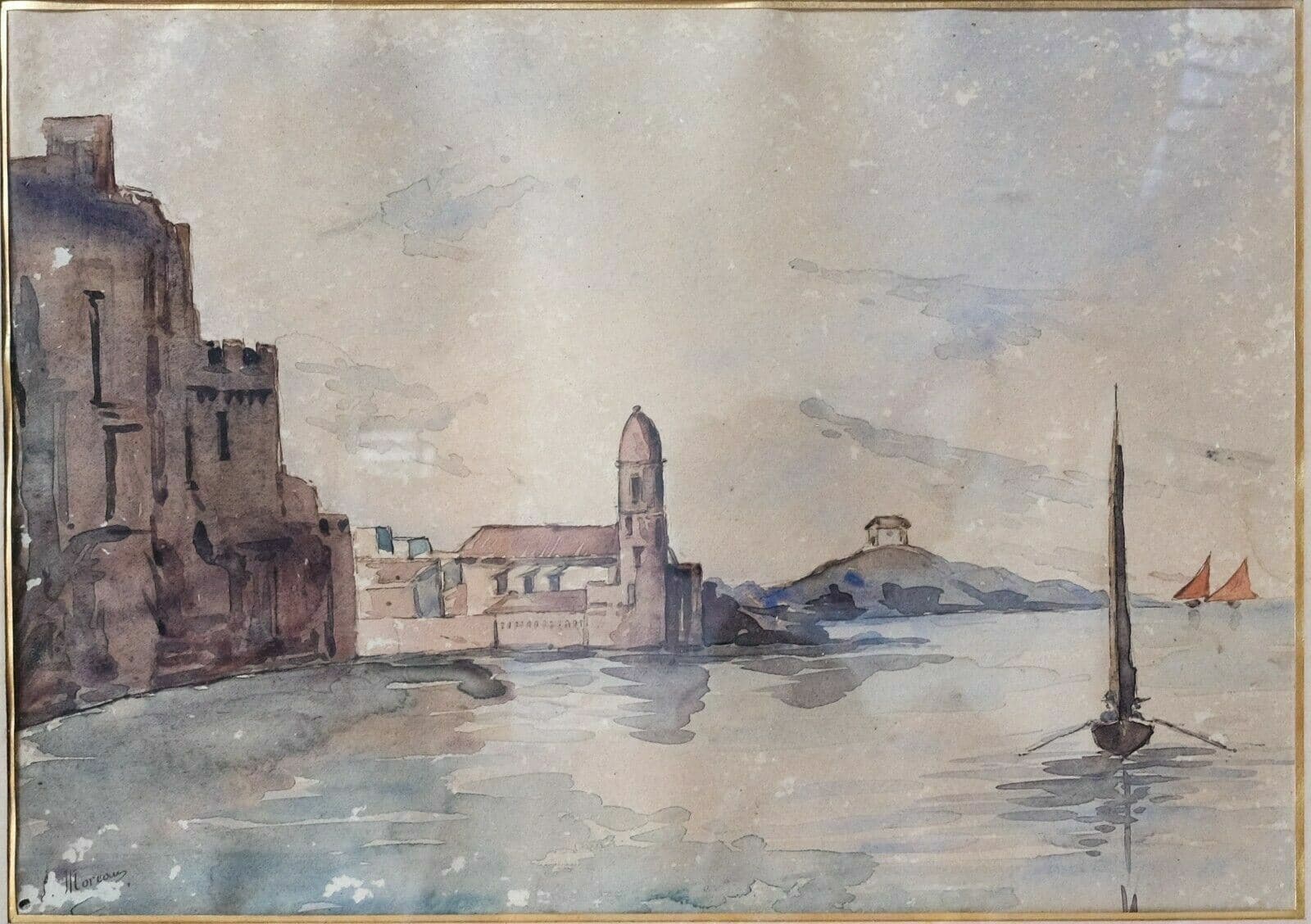 Antique Original Painting, Boat, Cityview, Port, Maritime, Seascape