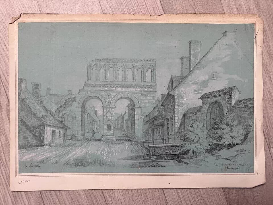 Antique Pencil Drawing Landscape Porte d'Arroux, Autun 1894 Artwork image 7
