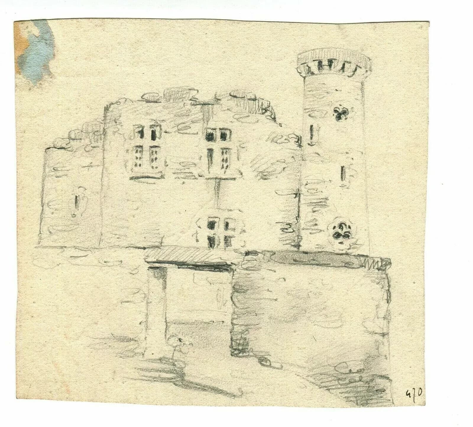 Antique Pencil Drawing Original 19th century Landscape, Architecture, Castle image 1