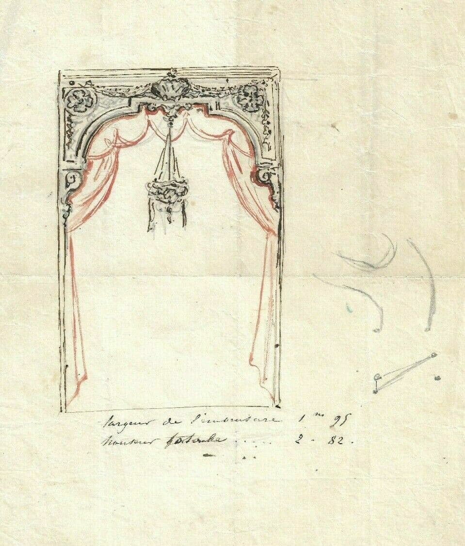 Antique Ink Original Drawing 19th century Theater Decor, Light, Architecture