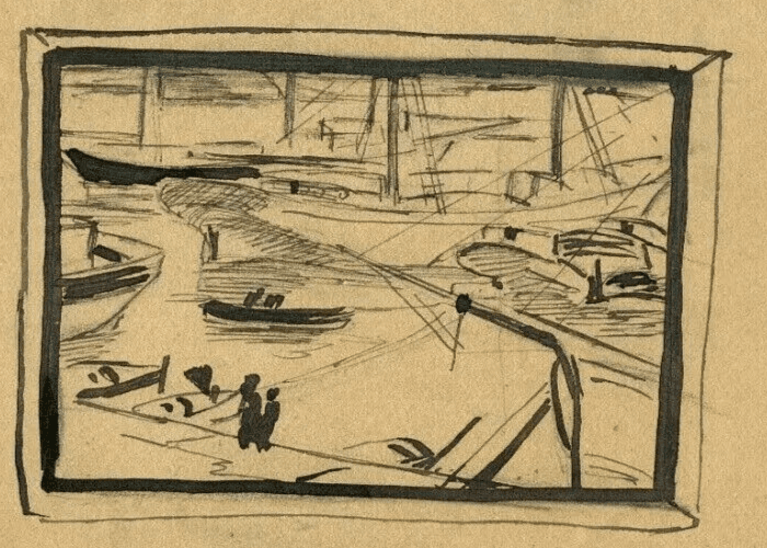 Vintage Ink Drawing Original Maritime Port Landscape, Sailor, Boats, Sea