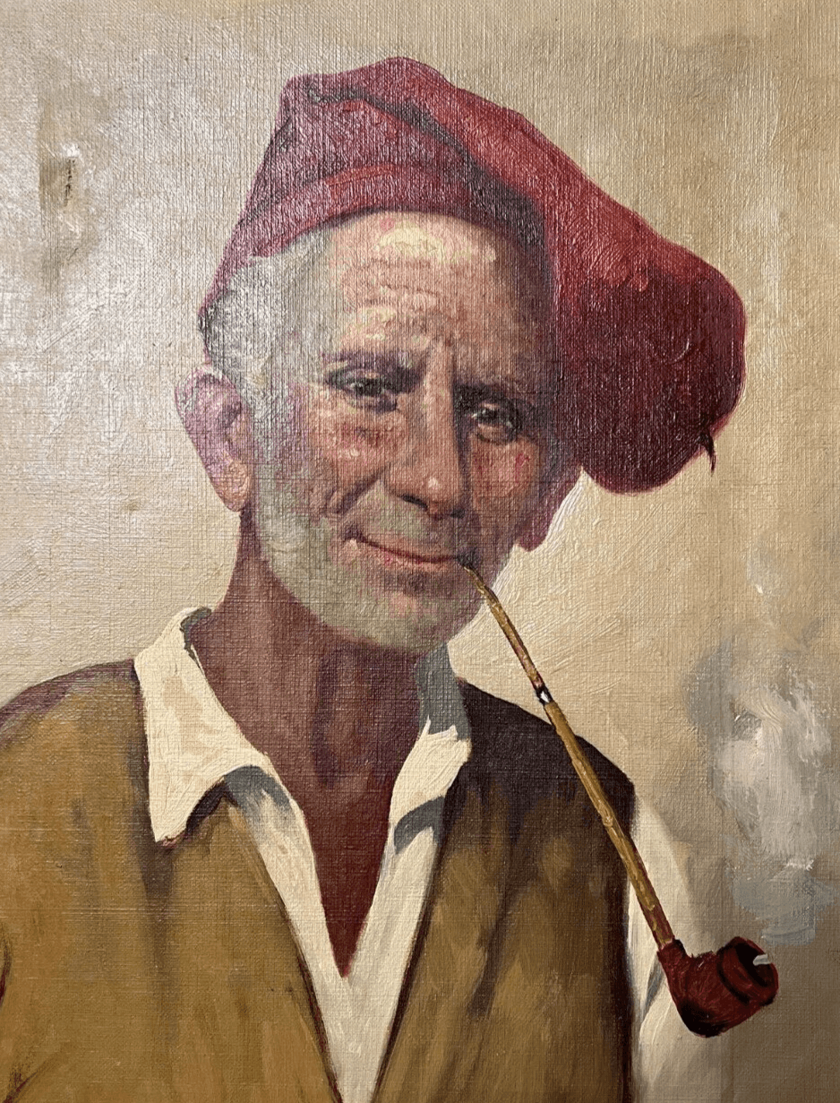 Antique Original Painting canvas signed Man Portrait with Pipe