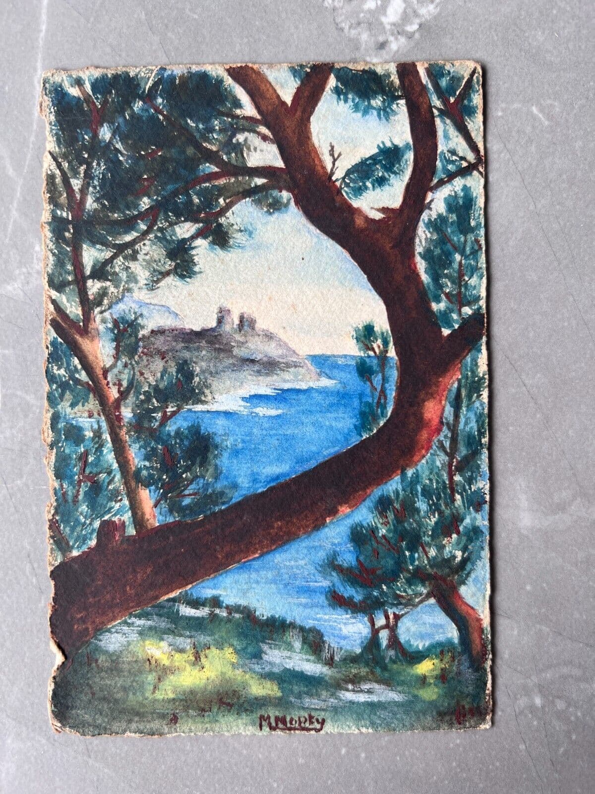 Vintage Original Drawing Seaview, Landscape, Trees, Castle image 4