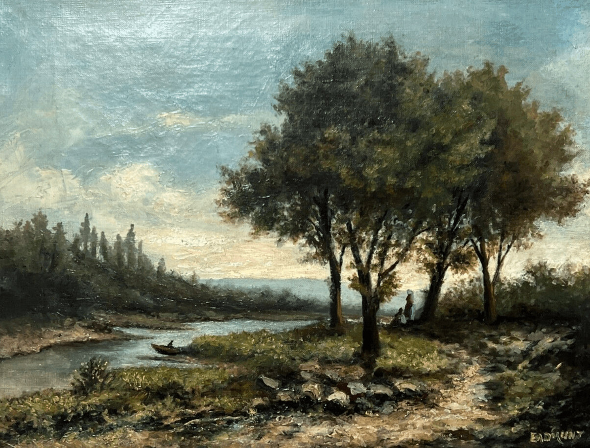 Antique Original Painting Landscape Trees, River, Forest, Fisherman signed
