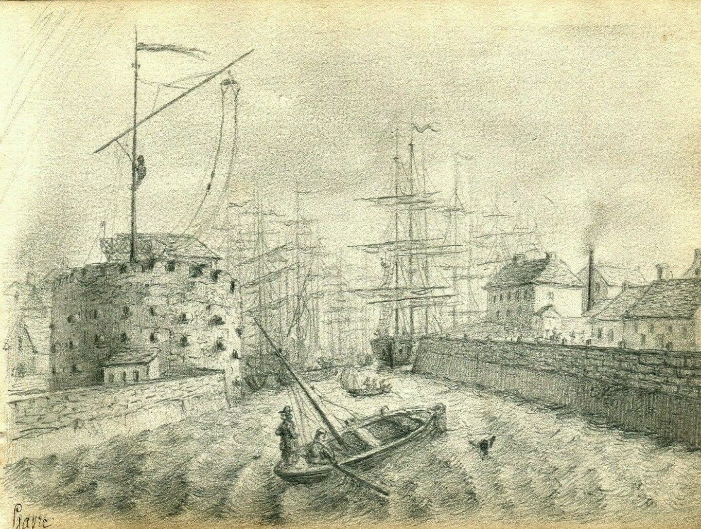 Drawing 19th century Havre Port Maritime Landscape