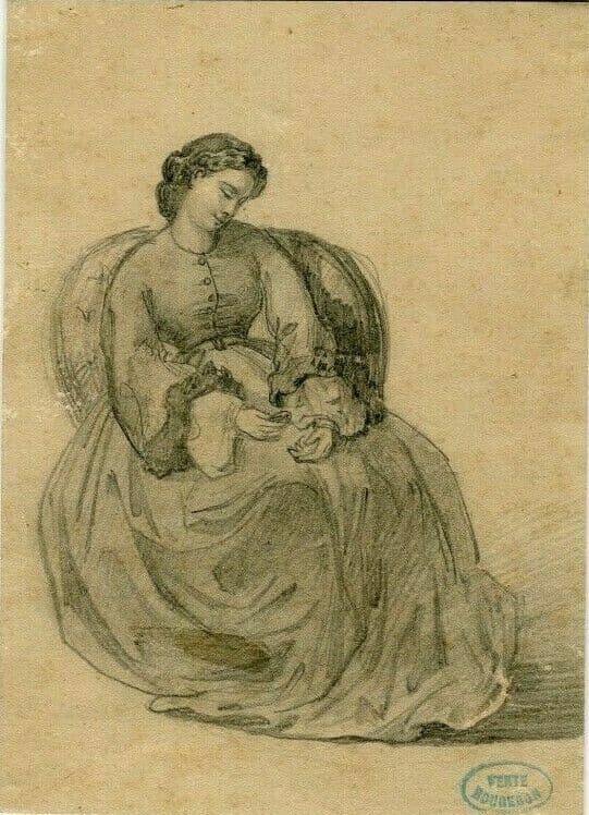 ROUGERON 19th century Woman Portrait Drawing