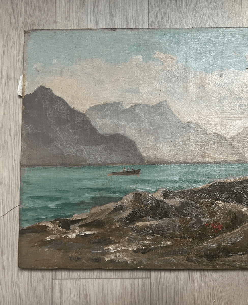 Antique Painting Original Maritime, Sea, Landscape, People, Boats signed image 2
