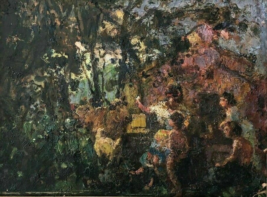 Antique Oil Painting Original Figures and Cow, Mythology 19th century French