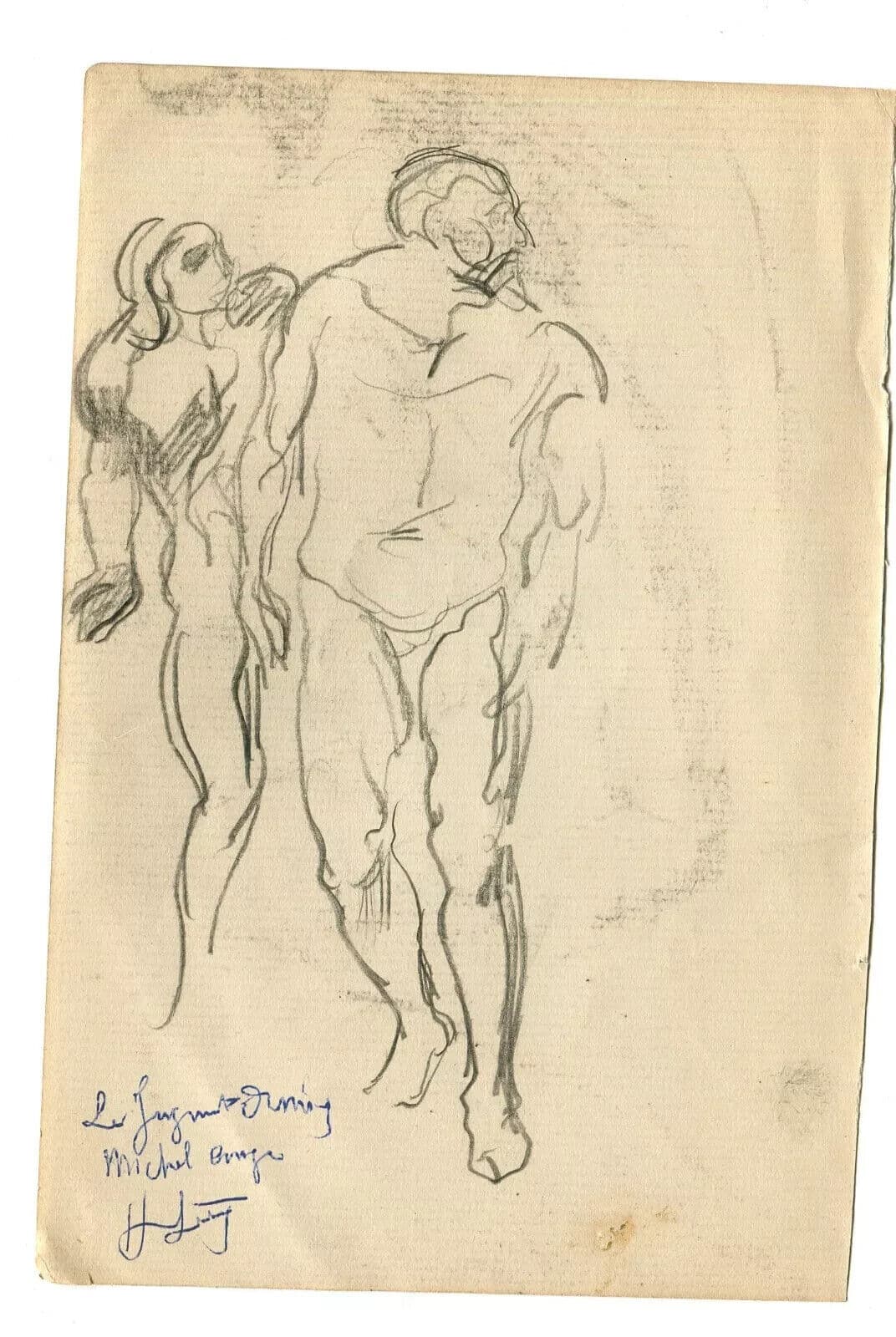 Antique Pencil Drawing Original Sketch Figures, Michel Ange Artwork, Signed image 6